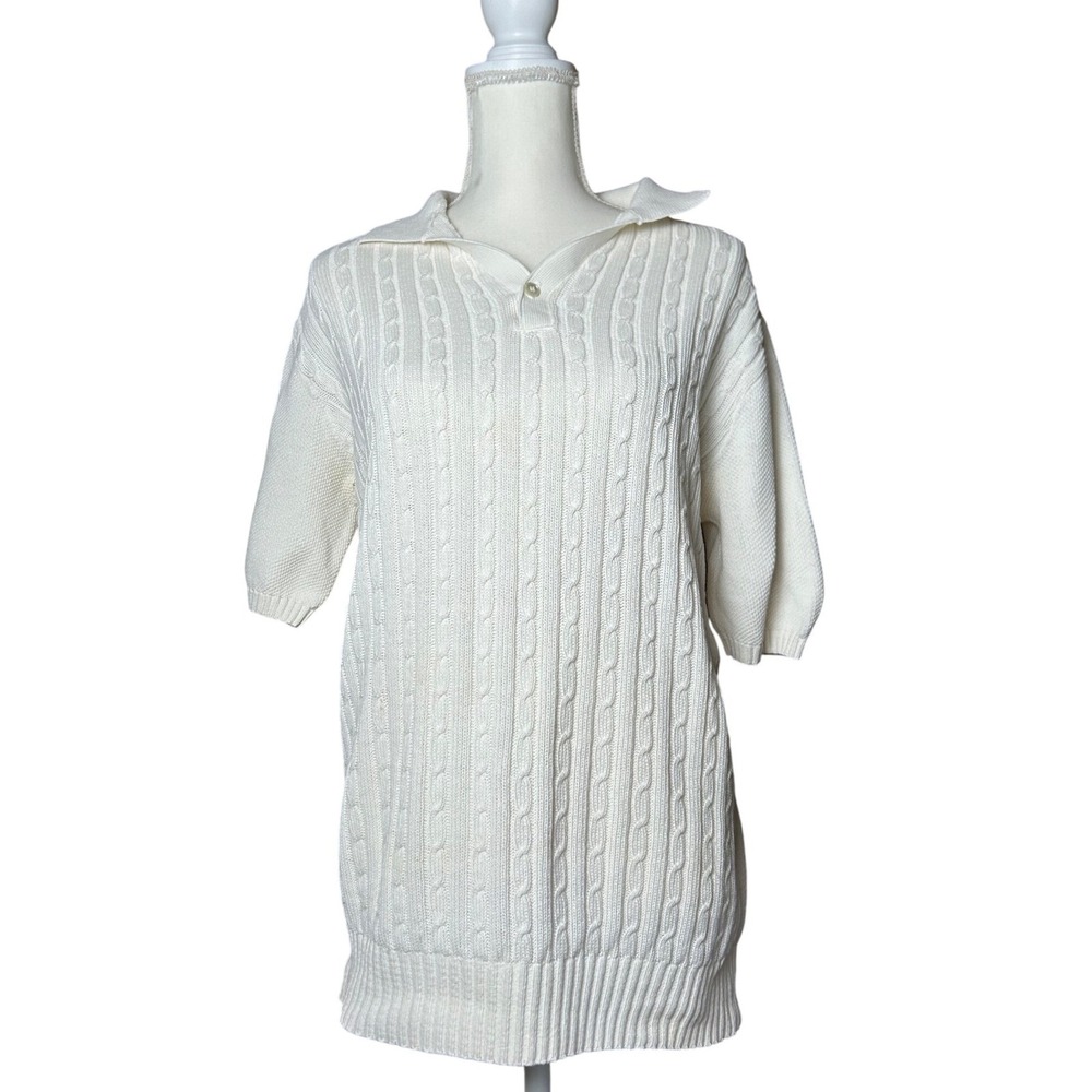 London Fog Vintage Mens Cream‎ Cable Knit Short Sleeve Polo Sweater Large Tall